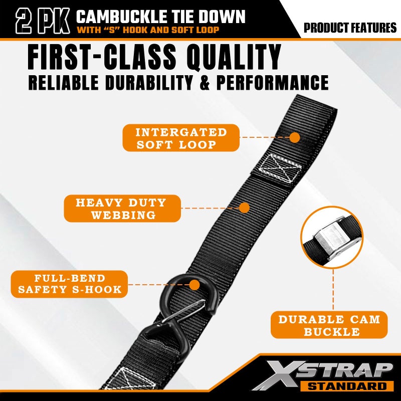 XSTRAP STANDARD Motorcycle Tie Down Straps (2 Pack) 3,000lb Break Strength, 1.5 in X 8FT Heavy-Duty Cambuckle Tie Down Set with S Hook and Soft Loops, Black - Image 4